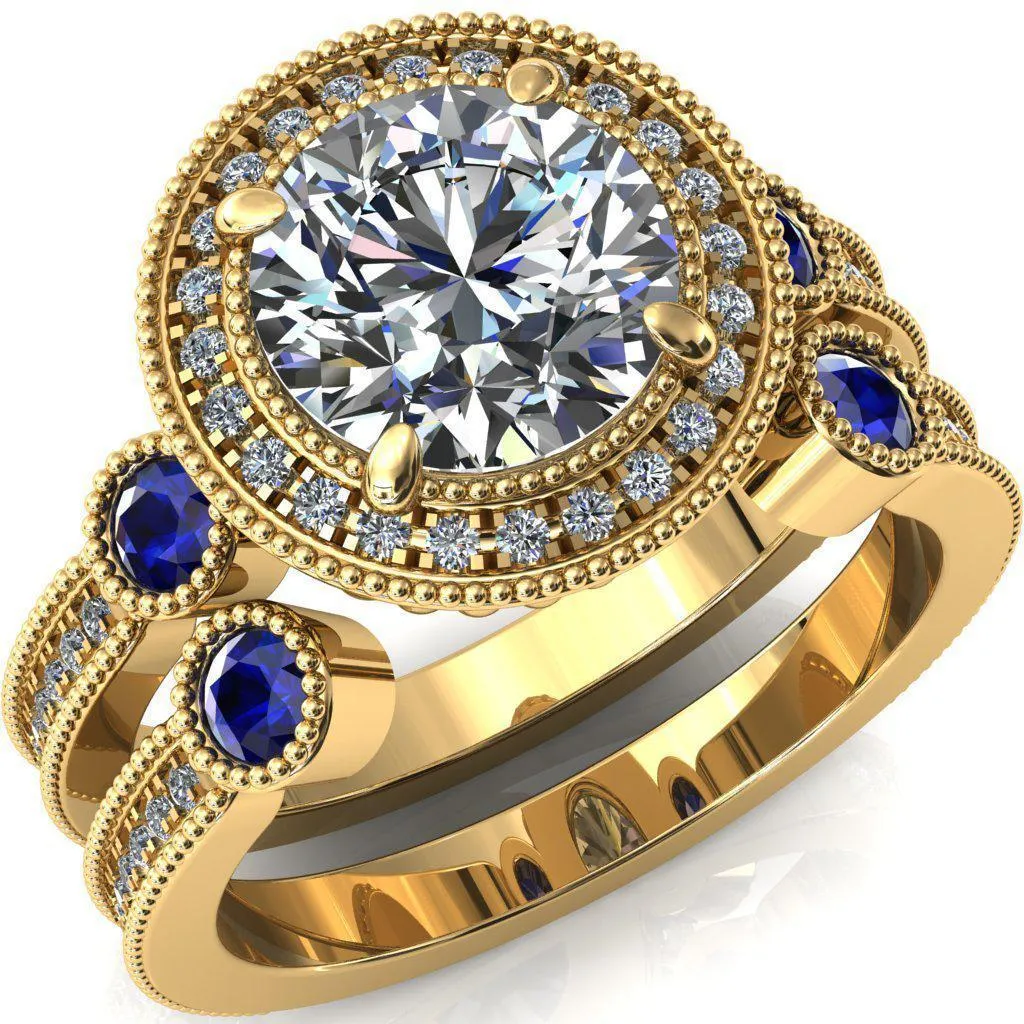 Brachium Round Center Stone Blue Sapphire Bezel Milgrain Halo 3/4 Eternity Accent Diamond Ring
