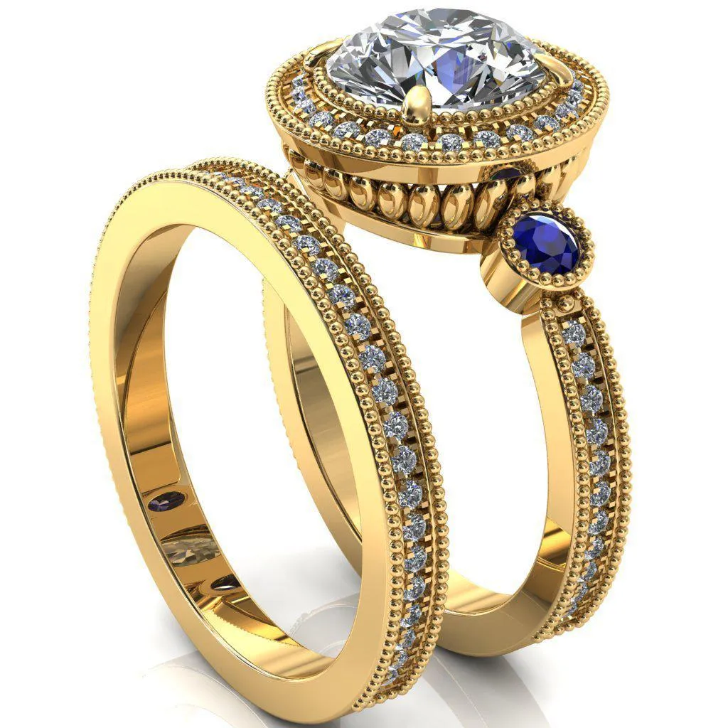 Brachium Round Center Stone Blue Sapphire Bezel Milgrain Halo 3/4 Eternity Accent Diamond Ring