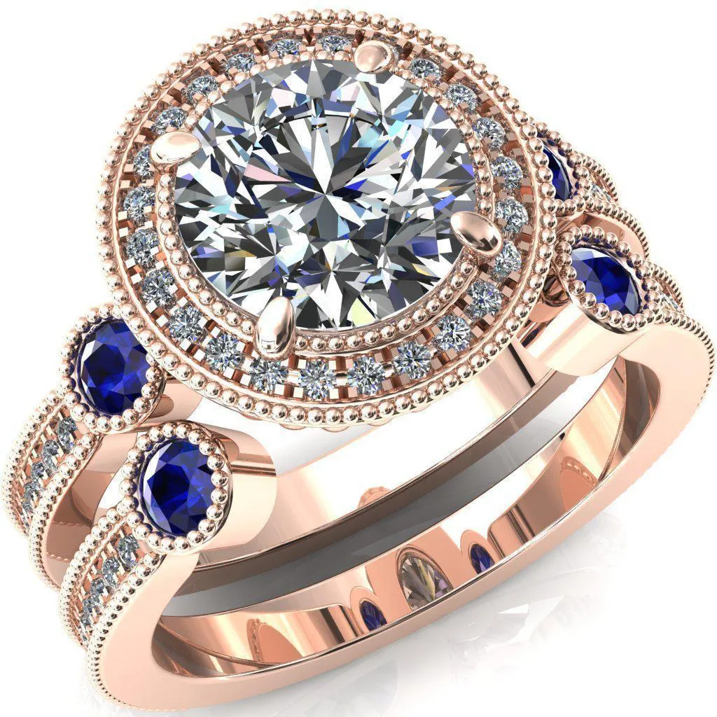 Brachium Round Center Stone Blue Sapphire Bezel Milgrain Halo 3/4 Eternity Accent Diamond Ring
