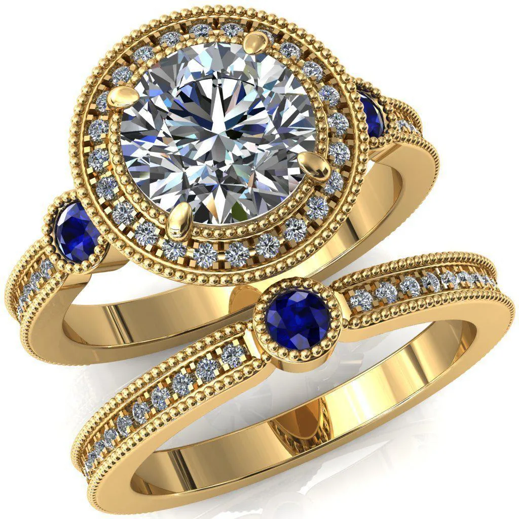 Brachium Round Center Stone Blue Sapphire Bezel Milgrain Halo 3/4 Eternity Accent Diamond Ring