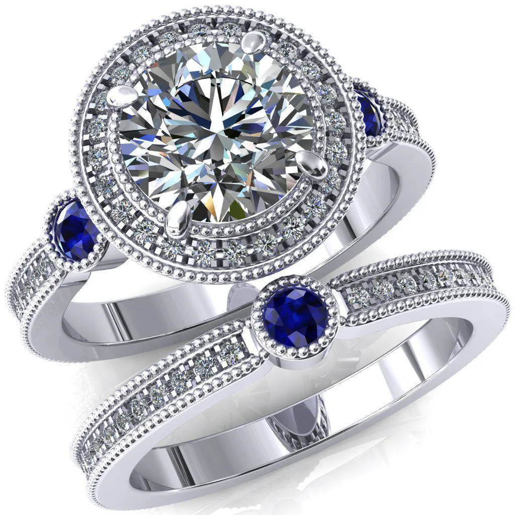 Brachium Round Center Stone Blue Sapphire Bezel Milgrain Halo 3/4 Eternity Accent Diamond Ring