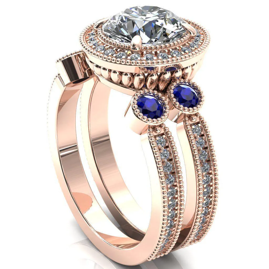 Brachium Round Center Stone Blue Sapphire Bezel Milgrain Halo 3/4 Eternity Accent Diamond Ring