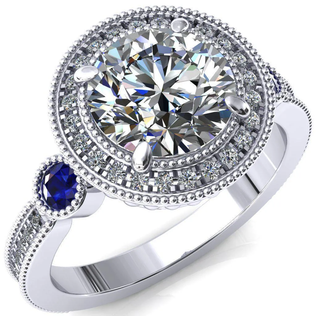 Brachium Round Center Stone Blue Sapphire Bezel Milgrain Halo 3/4 Eternity Accent Diamond Ring