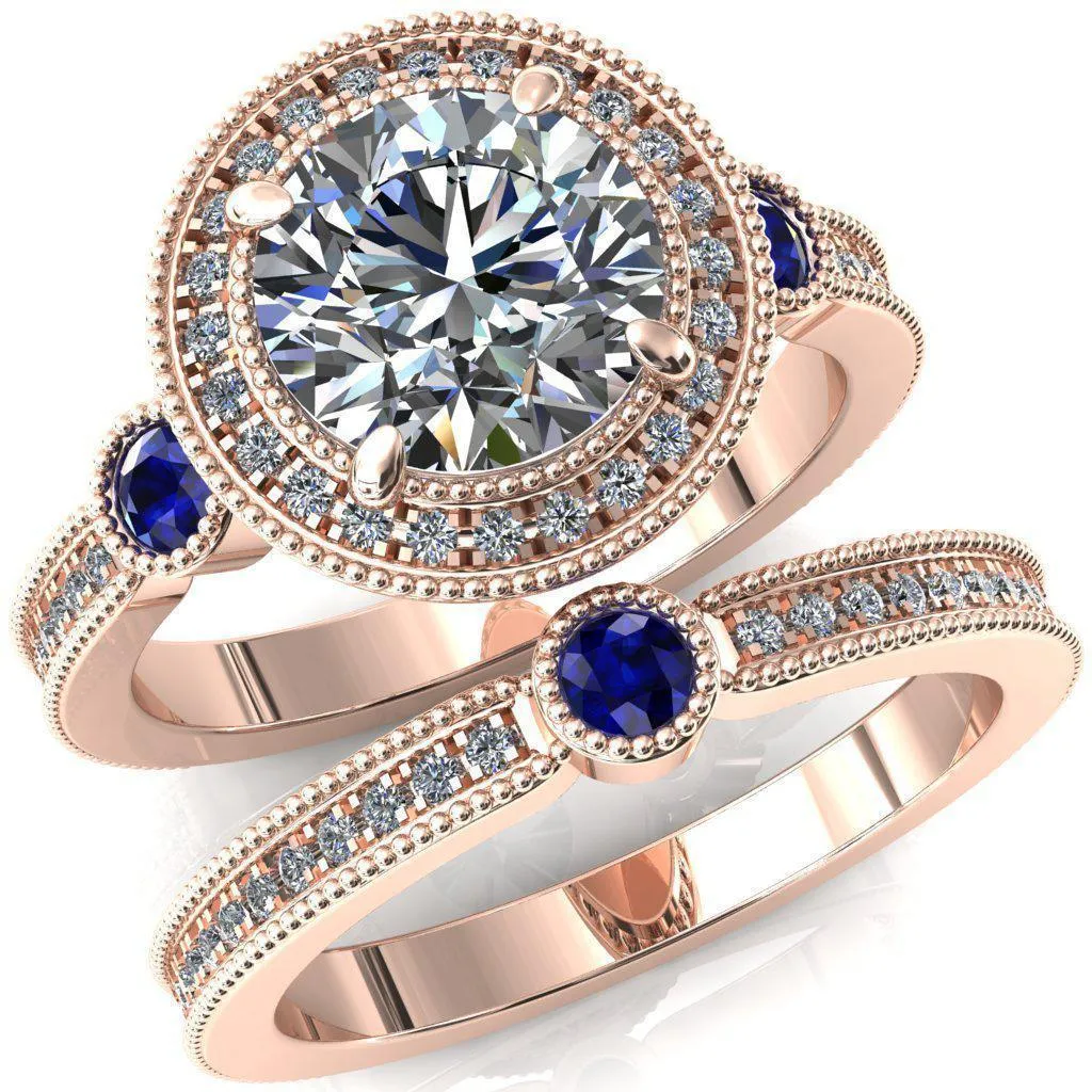 Brachium Round Center Stone Blue Sapphire Bezel Milgrain Halo 3/4 Eternity Accent Diamond Ring