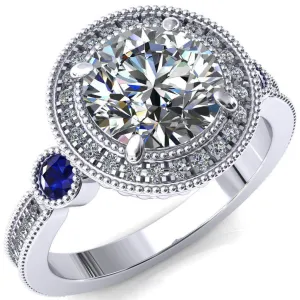 Brachium Round Center Stone Blue Sapphire Bezel Milgrain Halo 3/4 Eternity Accent Diamond Ring