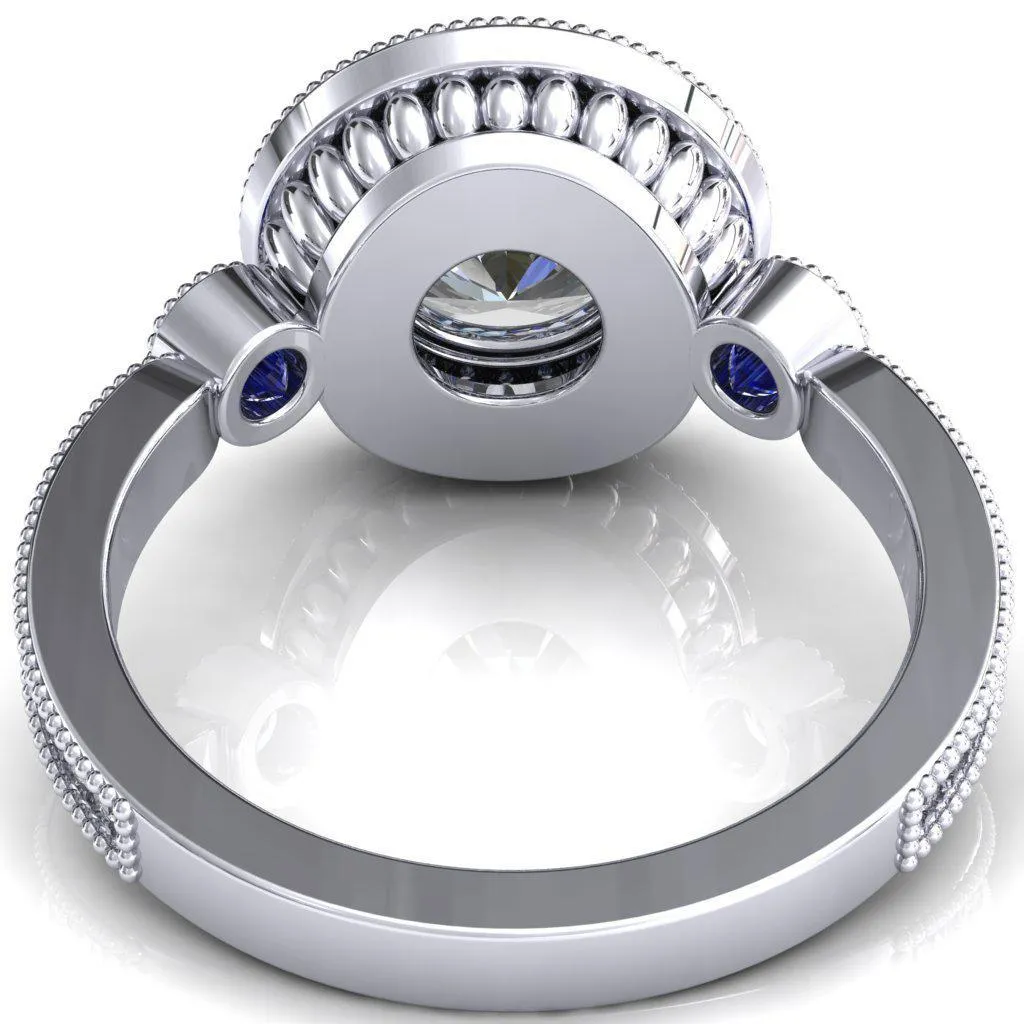 Brachium Round Center Stone Blue Sapphire Bezel Milgrain Halo 3/4 Eternity Accent Diamond Ring