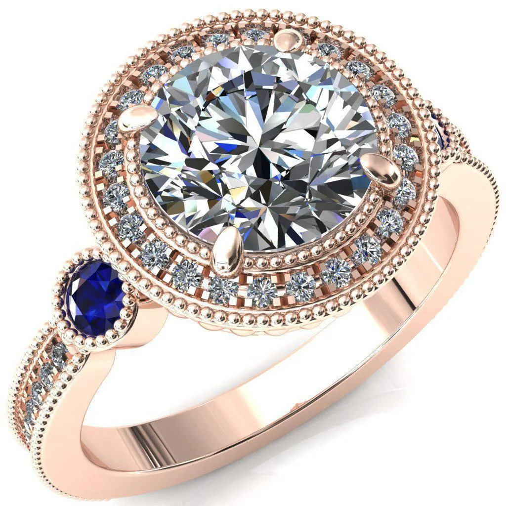 Brachium Round Center Stone Blue Sapphire Bezel Milgrain Halo 3/4 Eternity Accent Diamond Ring