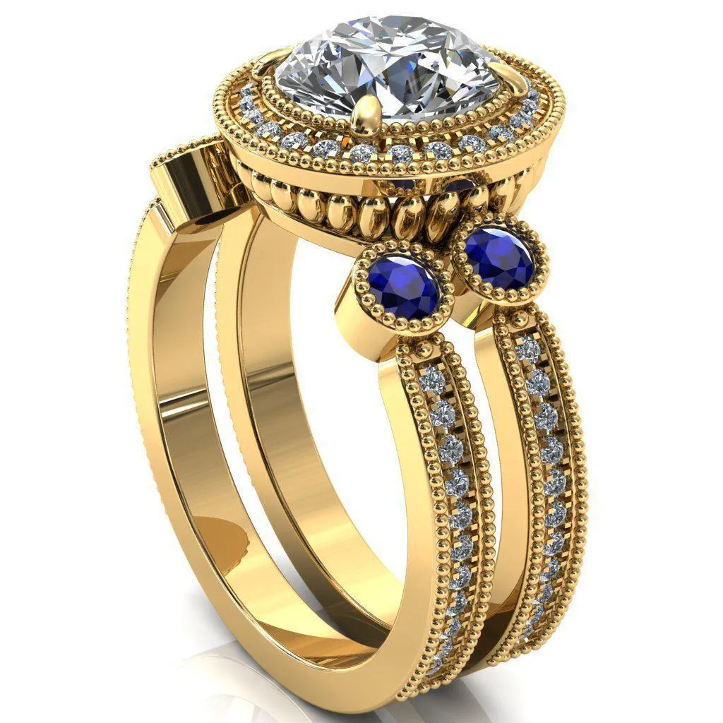 Brachium Round Center Stone Blue Sapphire Bezel Milgrain Halo 3/4 Eternity Accent Diamond Ring