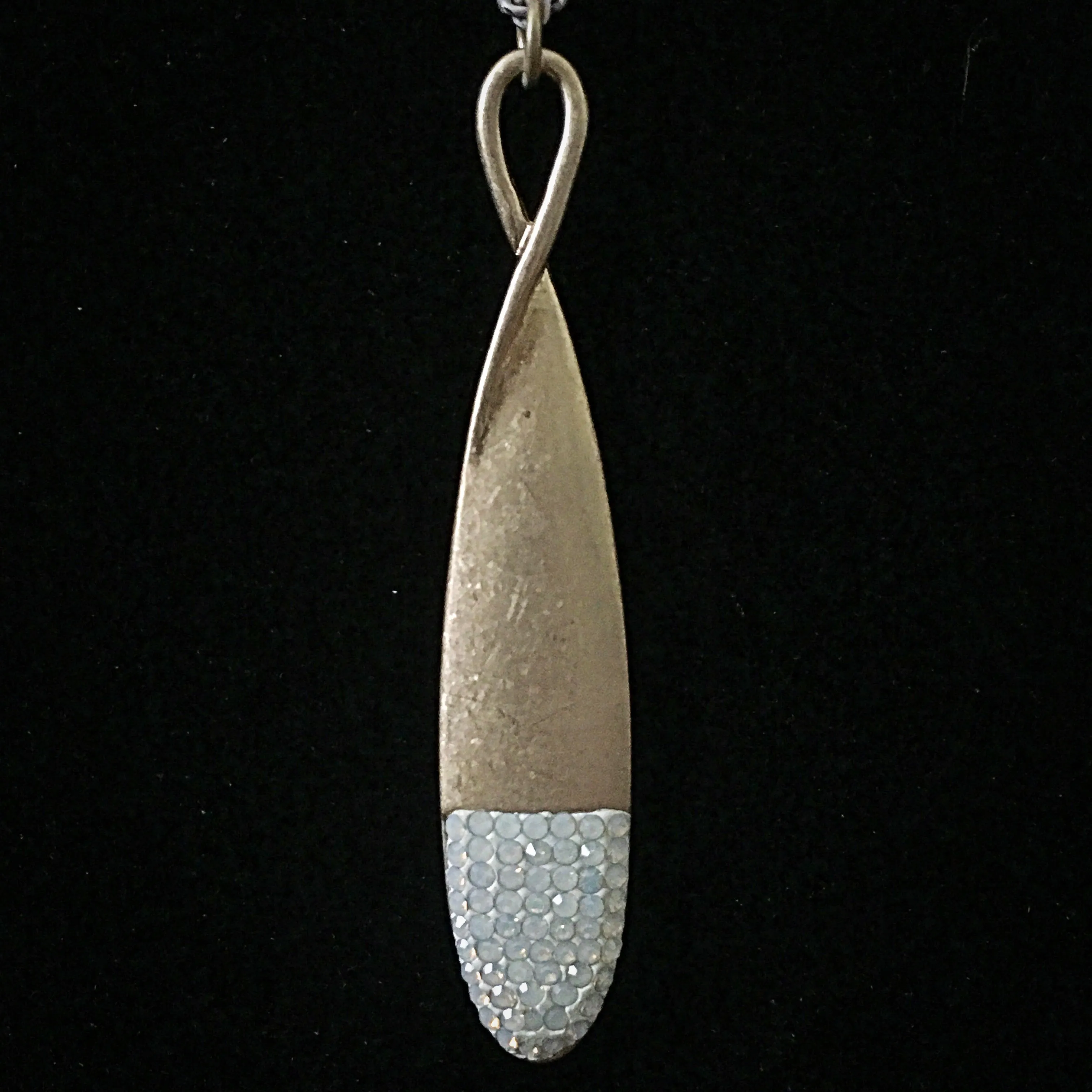 Burnished Gold Tone Necklace with Teardrop Rhinestone Pendant- White Opal