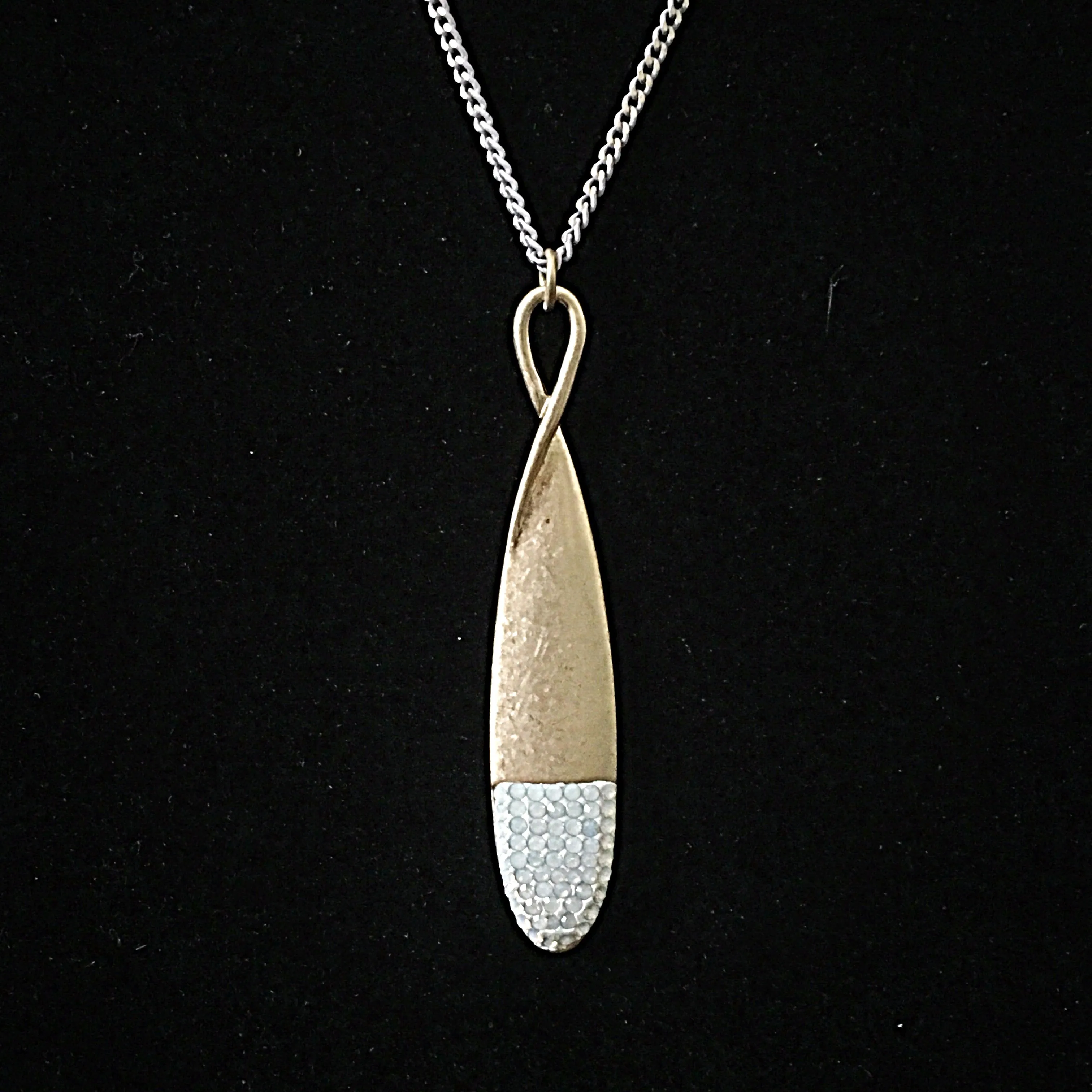 Burnished Gold Tone Necklace with Teardrop Rhinestone Pendant- White Opal