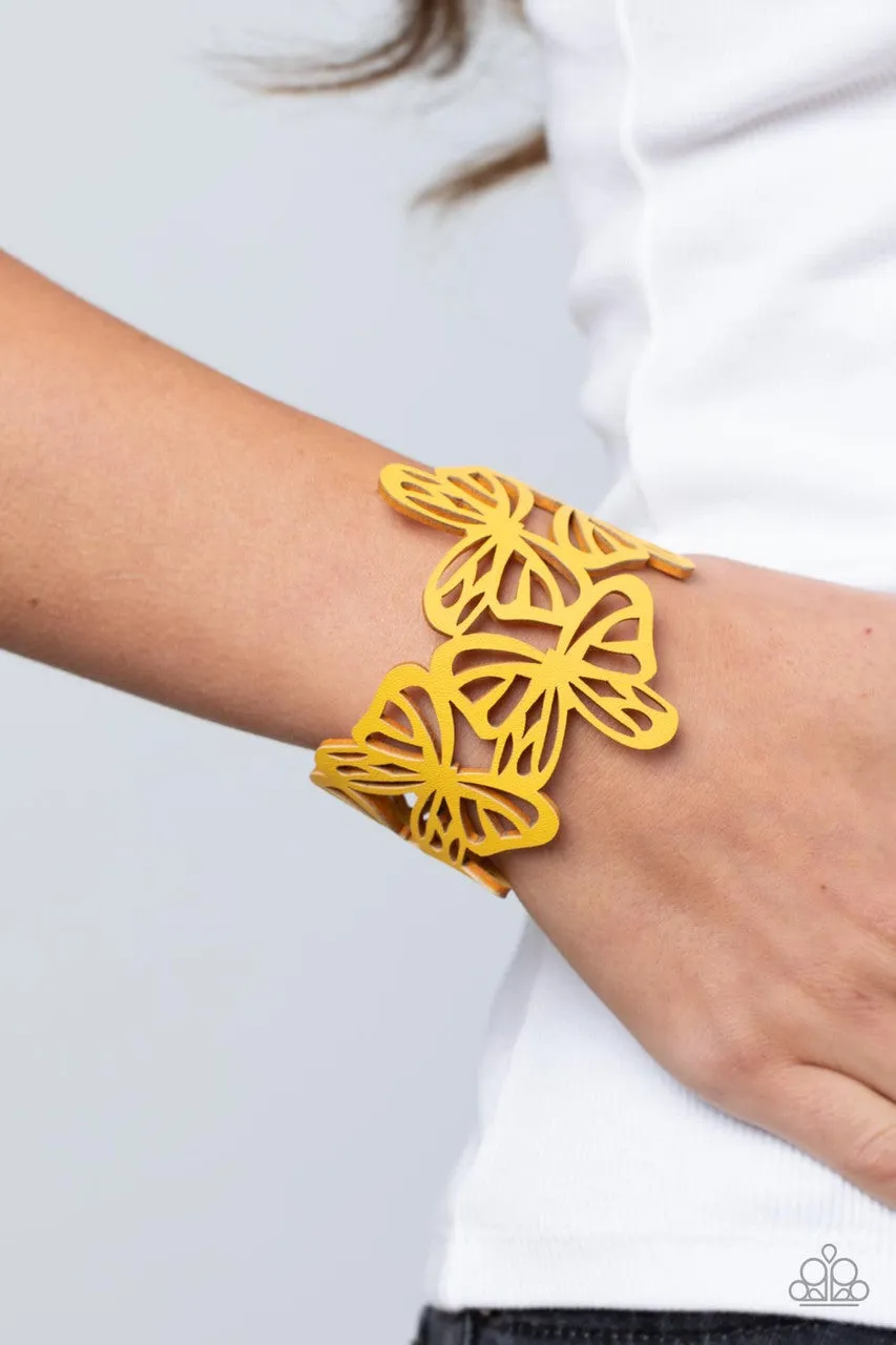 Butterfly Breeze - Yellow - Leather Cutout Paparazzi Snap Wrap Bracelet