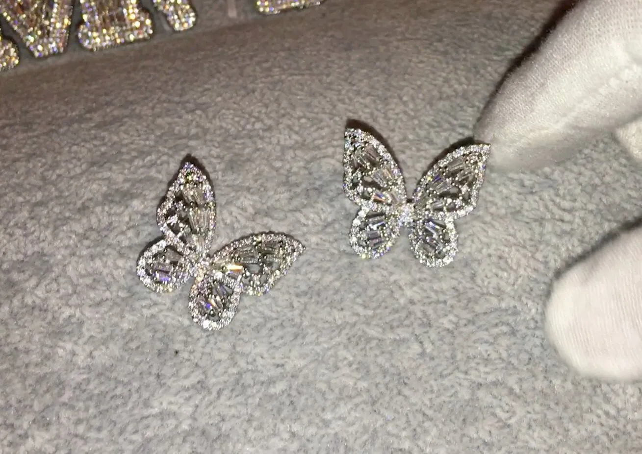 Butterfly Earrings | Diamond Butterfly Earrings | Womens Big Diamond Earrings | Butterfly Ear Studs | Baguette Earrings | Womens Ear Studs