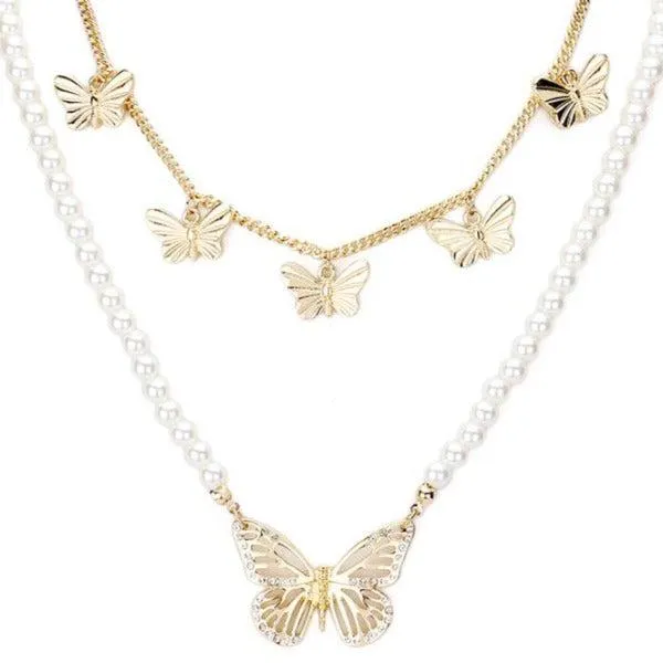 Butterfly Pearl Rhinestone 2 Piece Necklace Set