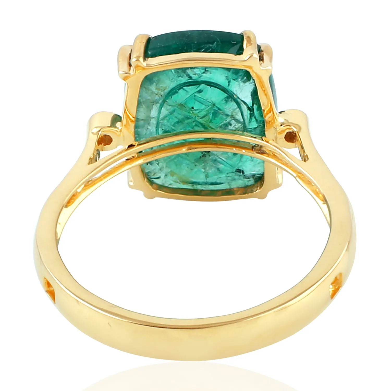 Carved Cushion Emerald Bezel Natural Diamond In Solid Gold Handmade Ring
