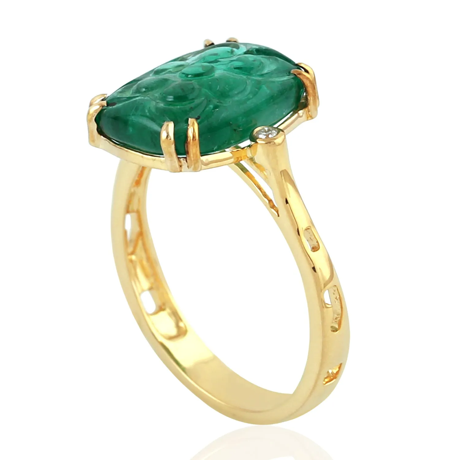 Carved Cushion Emerald Bezel Natural Diamond In Solid Gold Handmade Ring