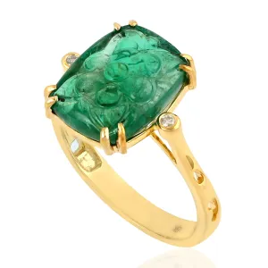 Carved Cushion Emerald Bezel Natural Diamond In Solid Gold Handmade Ring