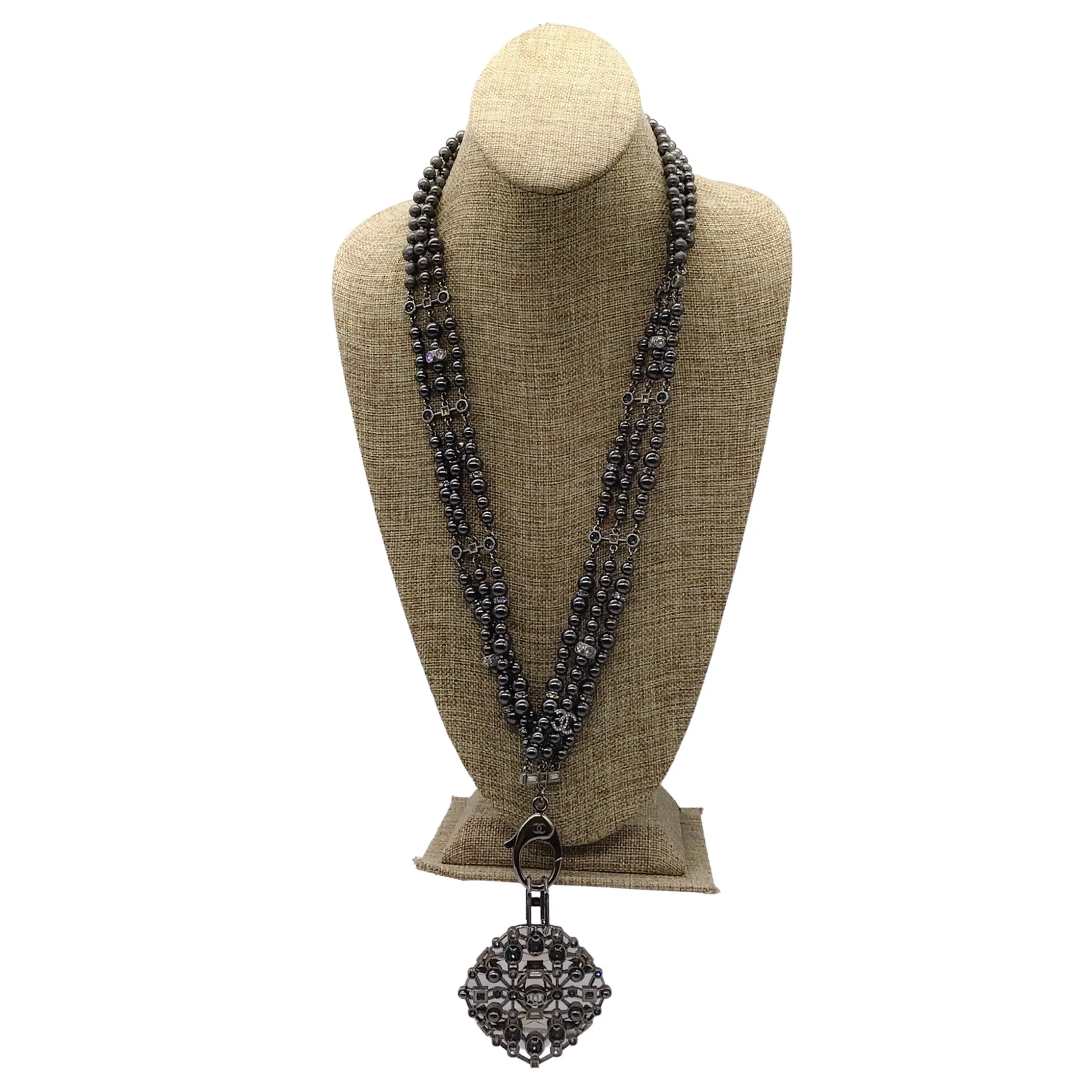 Chanel Gunmetal 2017 Crystal Embellished CC Logo Triple Strand Pearl Necklace