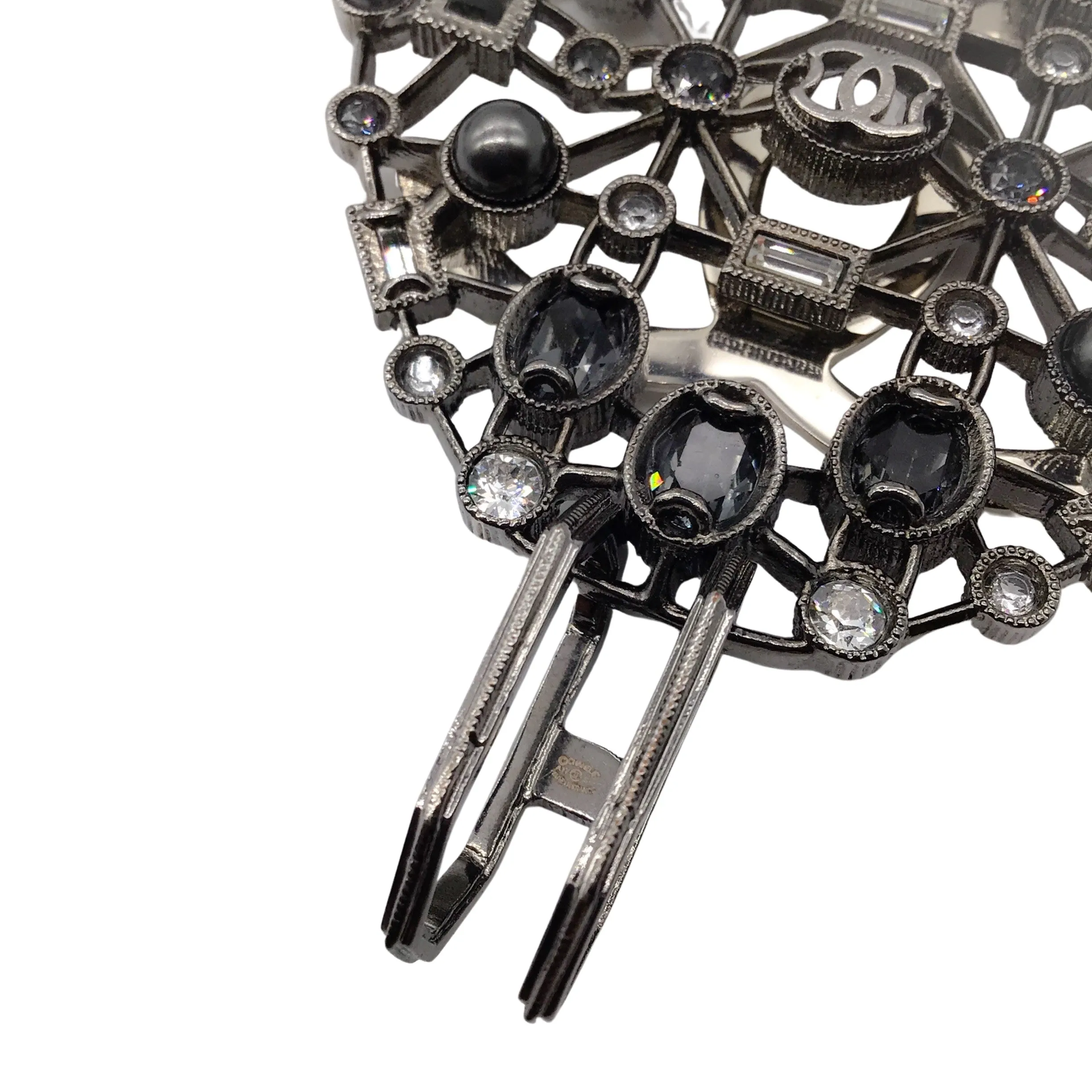 Chanel Gunmetal 2017 Crystal Embellished CC Logo Triple Strand Pearl Necklace