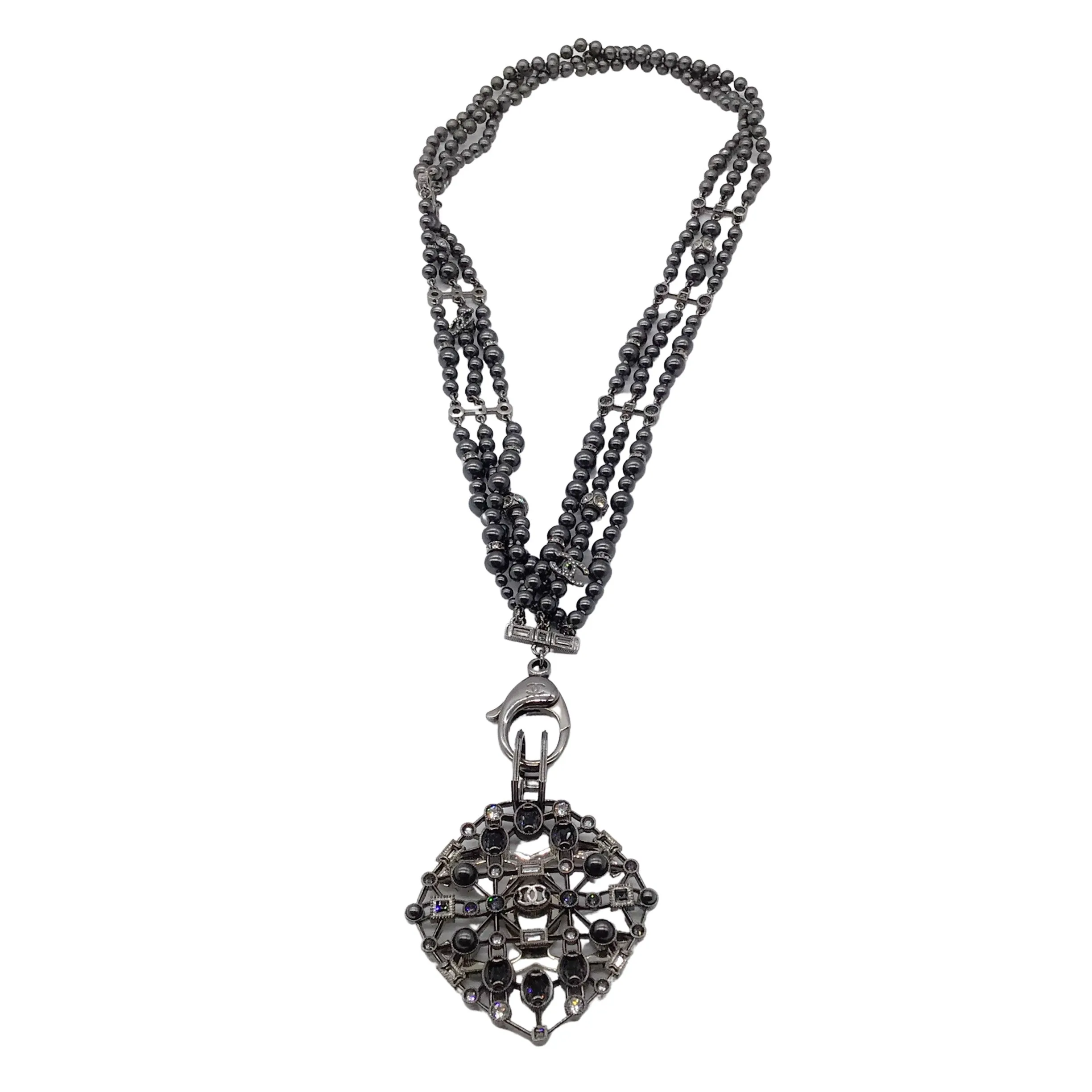 Chanel Gunmetal 2017 Crystal Embellished CC Logo Triple Strand Pearl Necklace