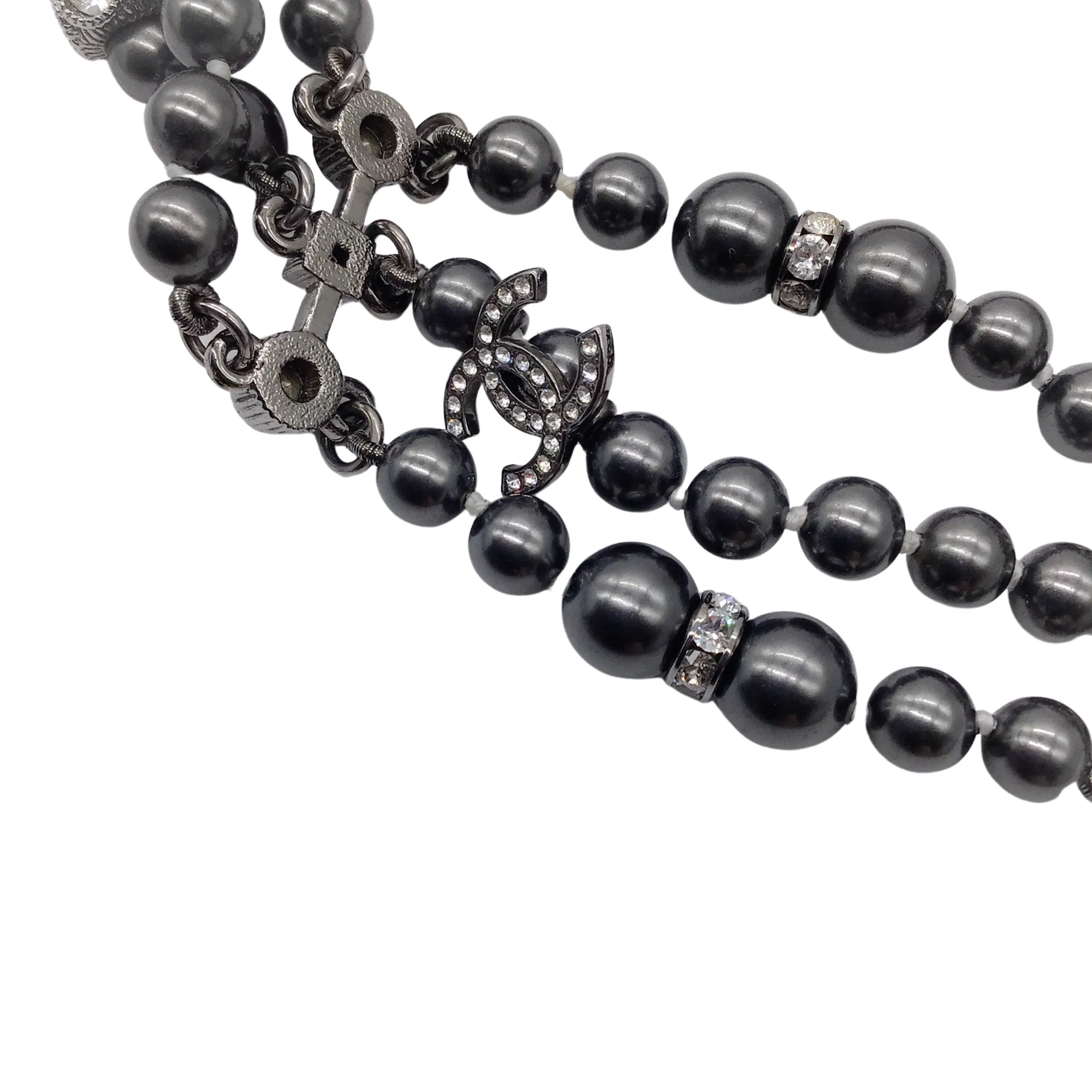 Chanel Gunmetal 2017 Crystal Embellished CC Logo Triple Strand Pearl Necklace
