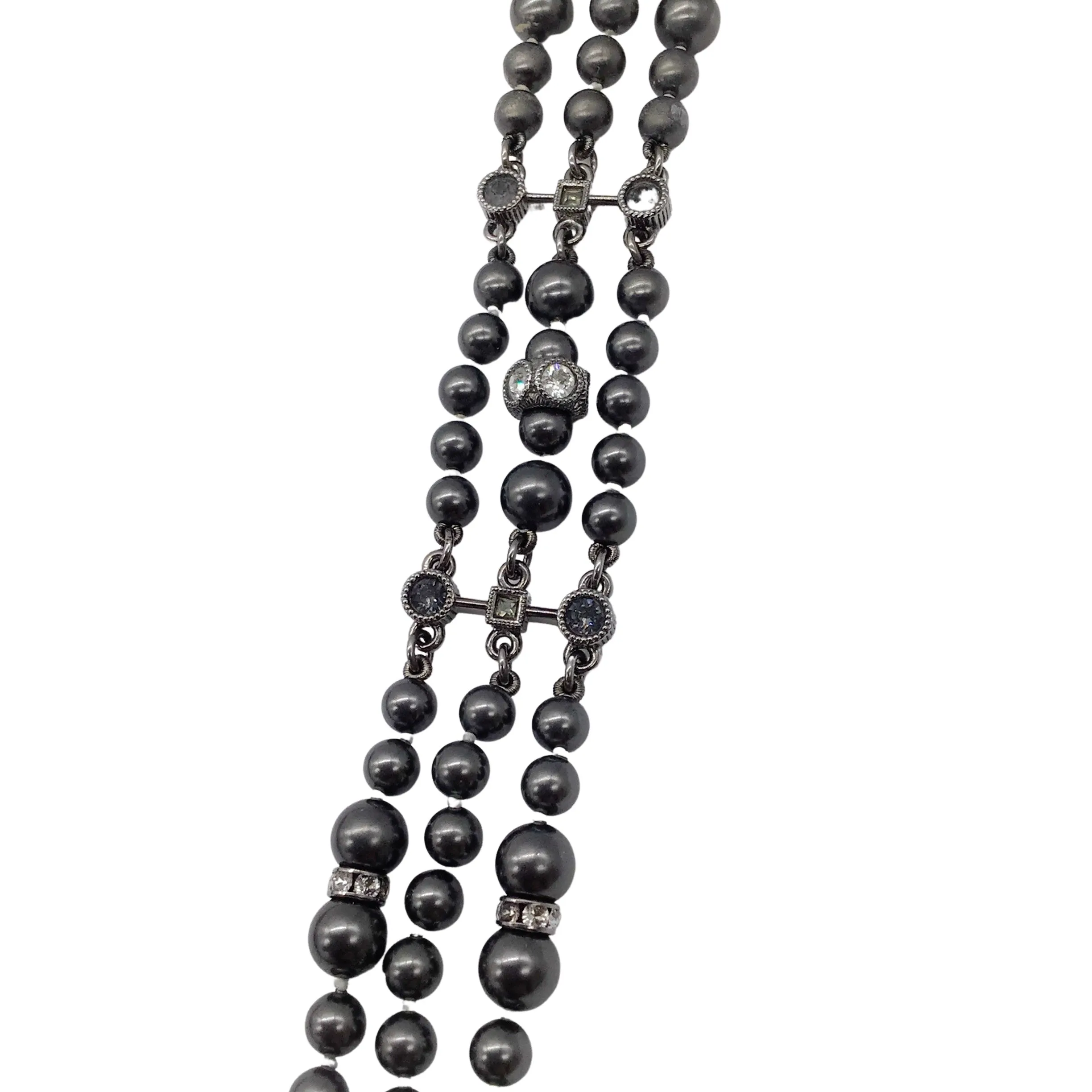 Chanel Gunmetal 2017 Crystal Embellished CC Logo Triple Strand Pearl Necklace