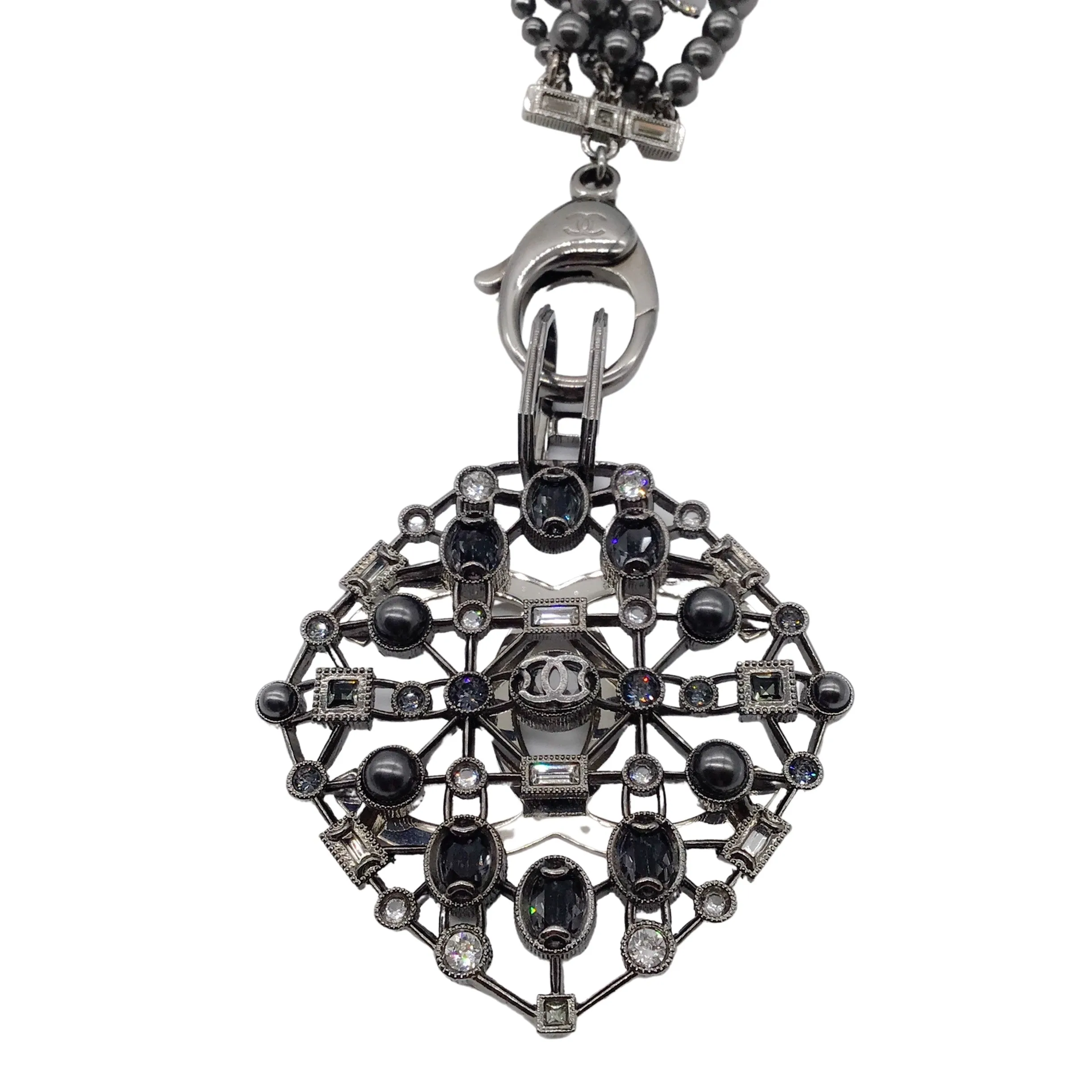 Chanel Gunmetal 2017 Crystal Embellished CC Logo Triple Strand Pearl Necklace