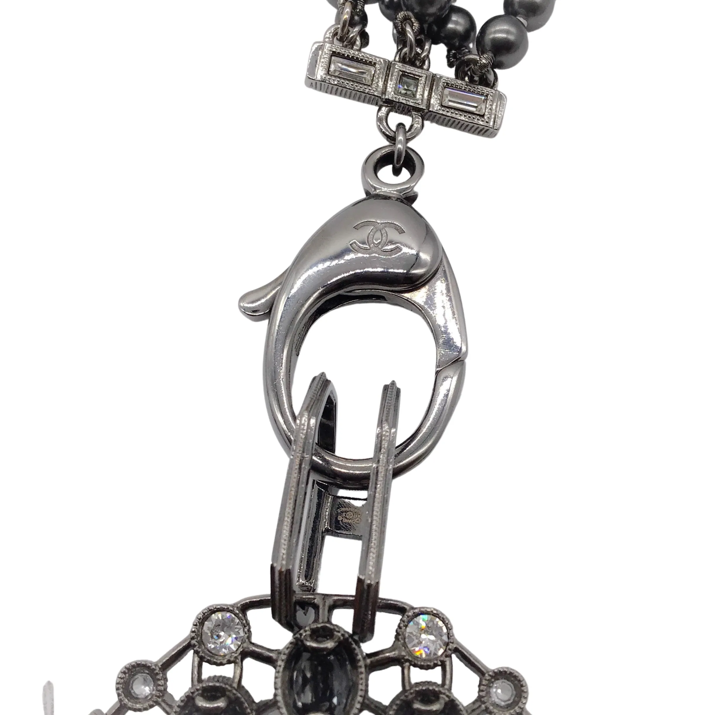 Chanel Gunmetal 2017 Crystal Embellished CC Logo Triple Strand Pearl Necklace