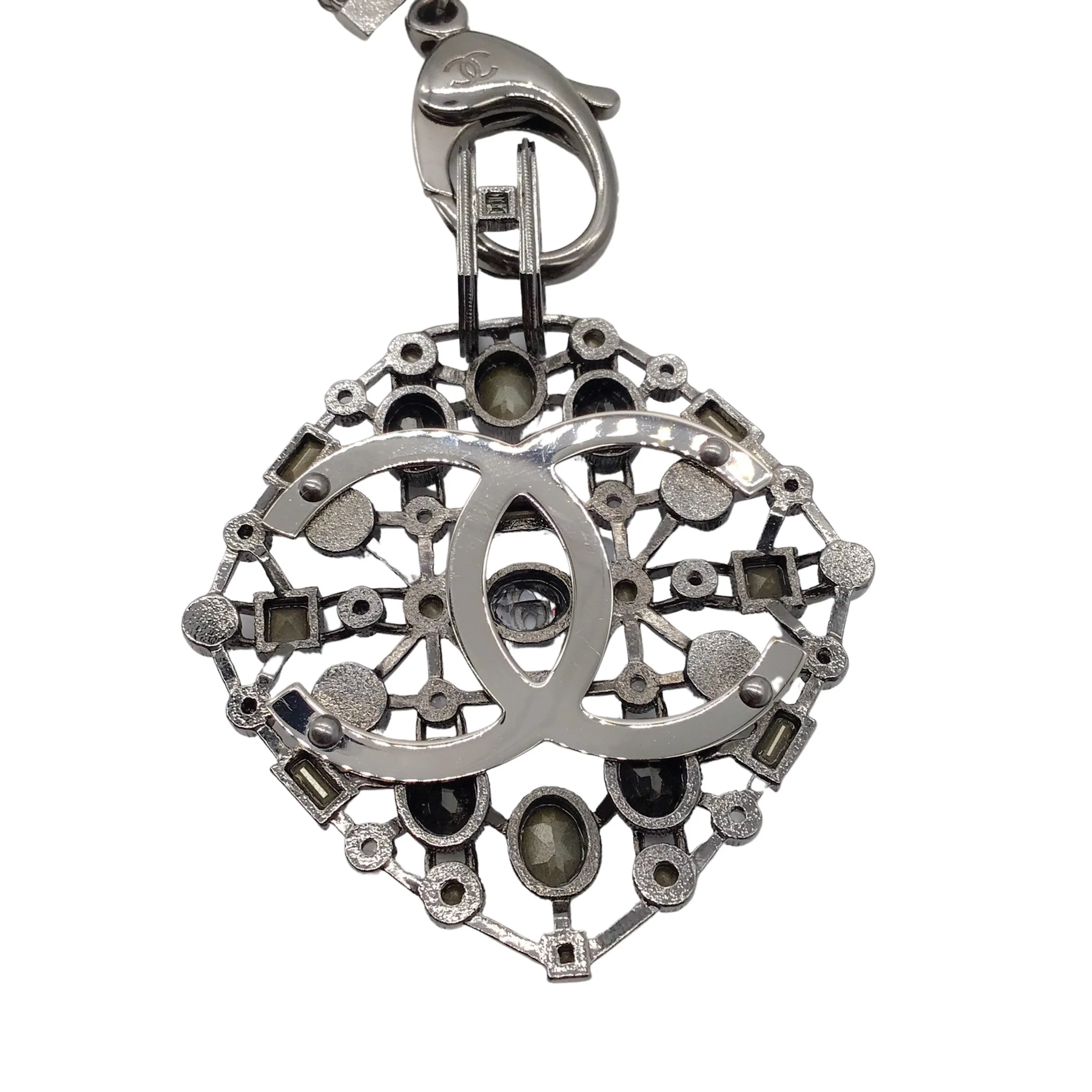 Chanel Gunmetal 2017 Crystal Embellished CC Logo Triple Strand Pearl Necklace