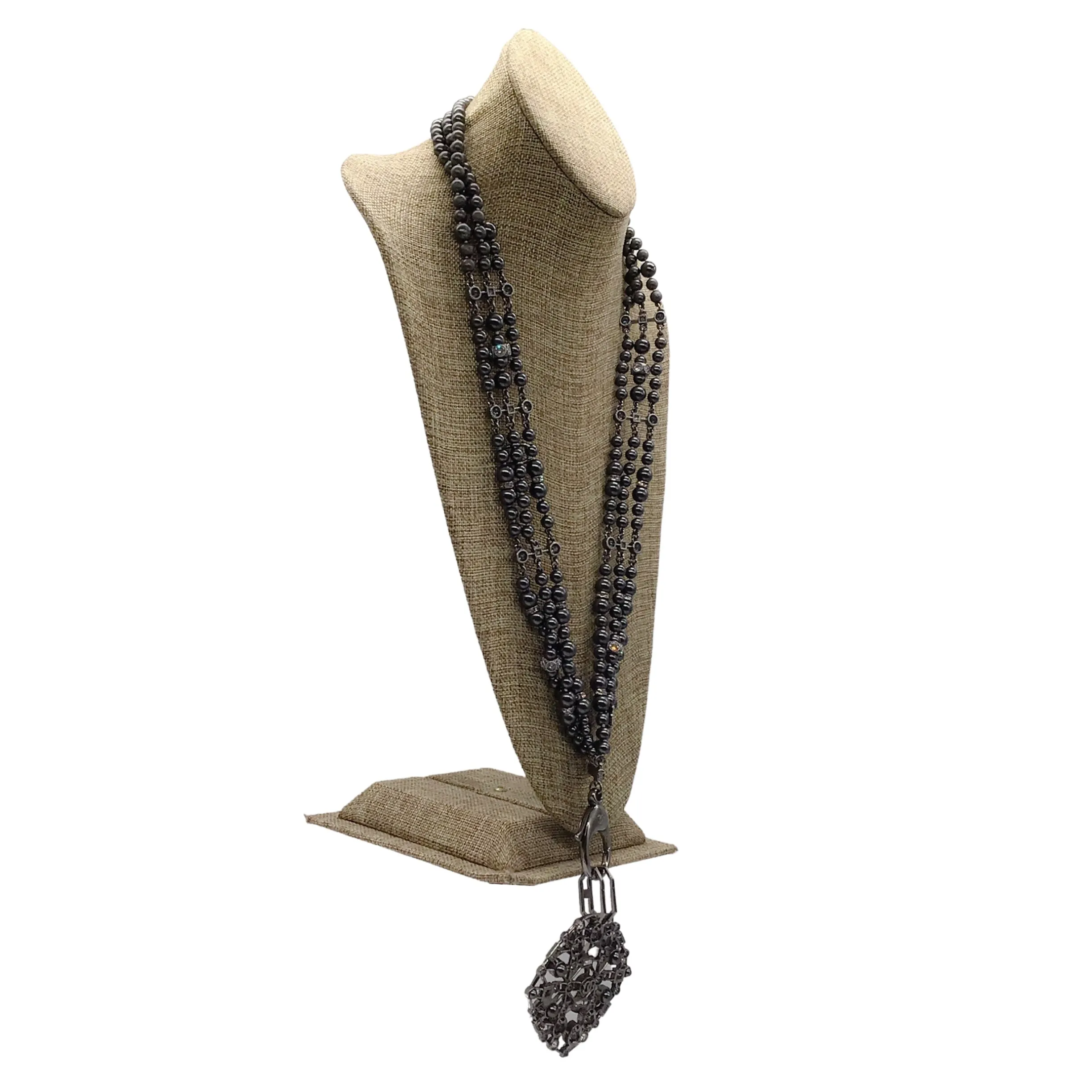 Chanel Gunmetal 2017 Crystal Embellished CC Logo Triple Strand Pearl Necklace
