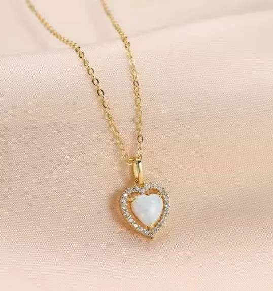 Children's, Teens' and Mothers'Necklaces:  14k Gold over Sterling Silver White Fire Opal Heart Halo Necklaces with Gift Box