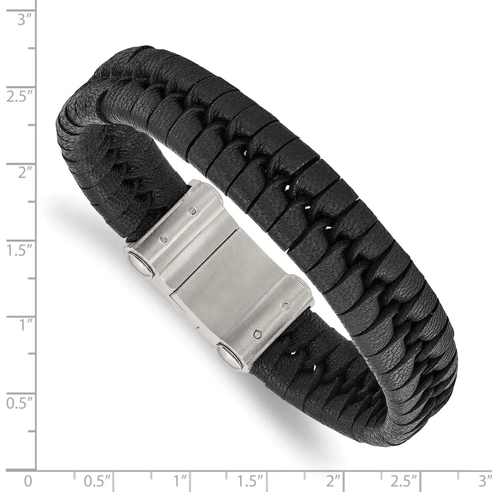 Chisel Stainless Steel Brushed Black Leather 8.5 inch Bracelet