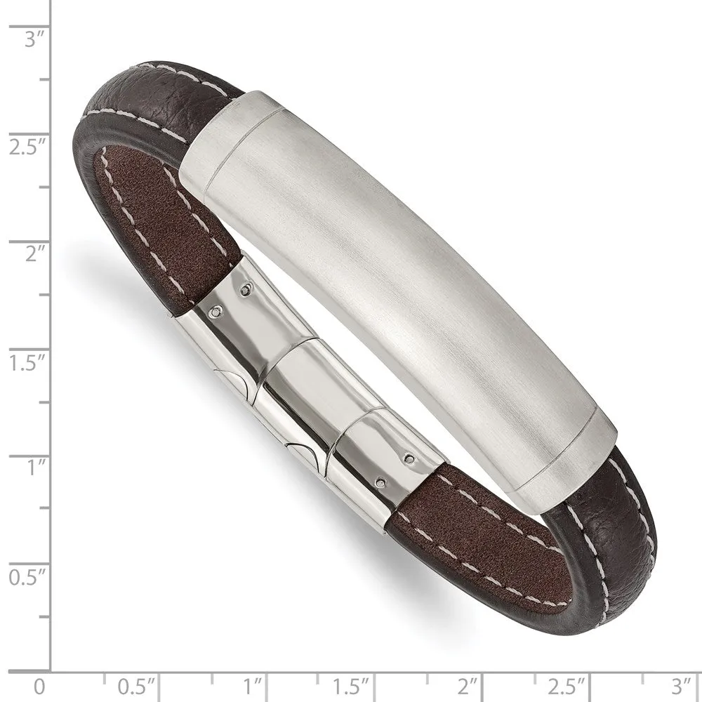 Chisel Stainless Steel Brushed Dark Brown Leather 8 inch ID Bracelet with .5 inch Extension