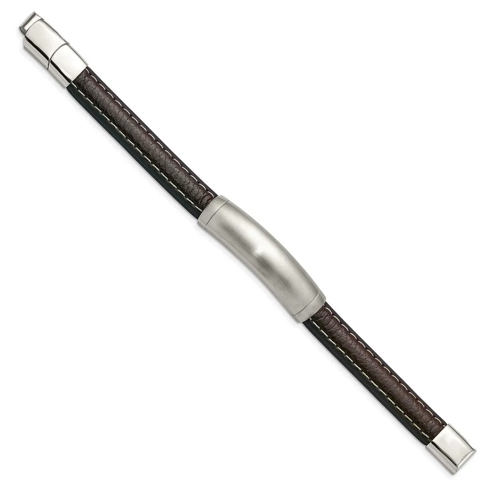 Chisel Stainless Steel Brushed Dark Brown Leather 8 inch ID Bracelet with .5 inch Extension