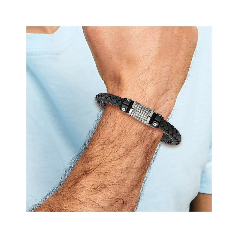 Chisel Stainless Steel Polished and Textured Black IP-plated Black Braided Leather and Rubber 8.5 inch Bracelet
