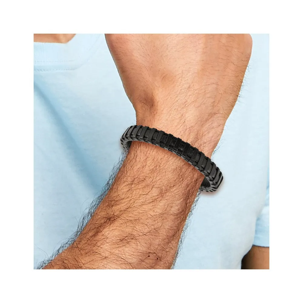Chisel Stainless Steel Polished Black IP-plated Cable and Black Leather 8.5 inch Bracelet