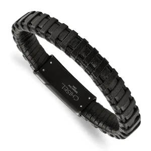 Chisel Stainless Steel Polished Black IP-plated Cable and Black Leather 8.5 inch Bracelet