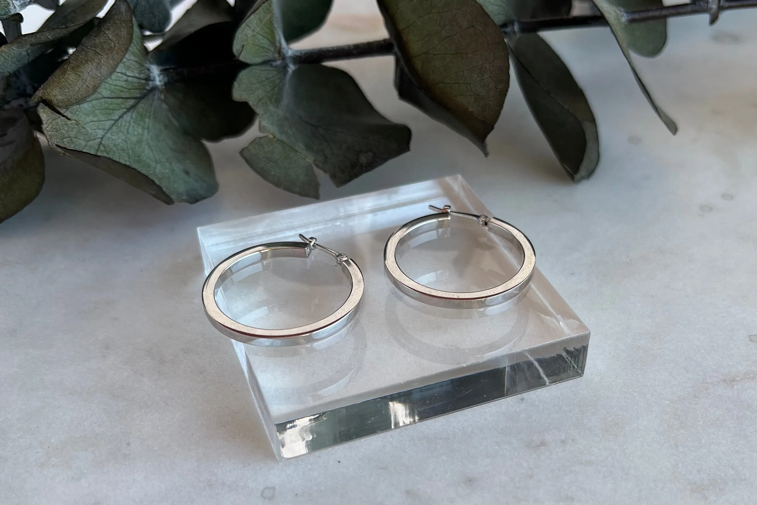 Classic Rectangle White Gold Hoop Earrings
