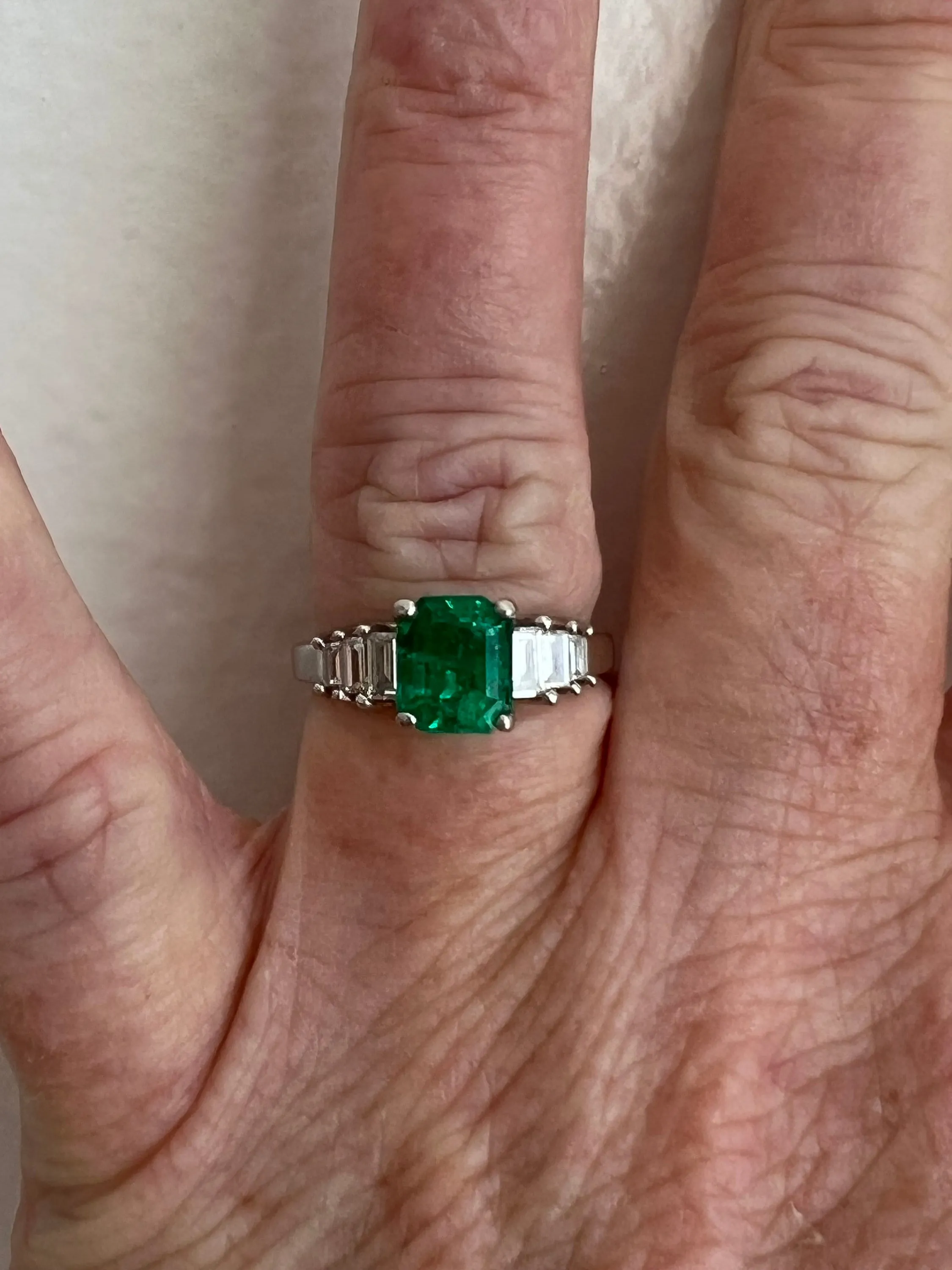 Classic Vintage Platinum Emerald Engagement Ring with Baguette Diamonds - 2.22ct.