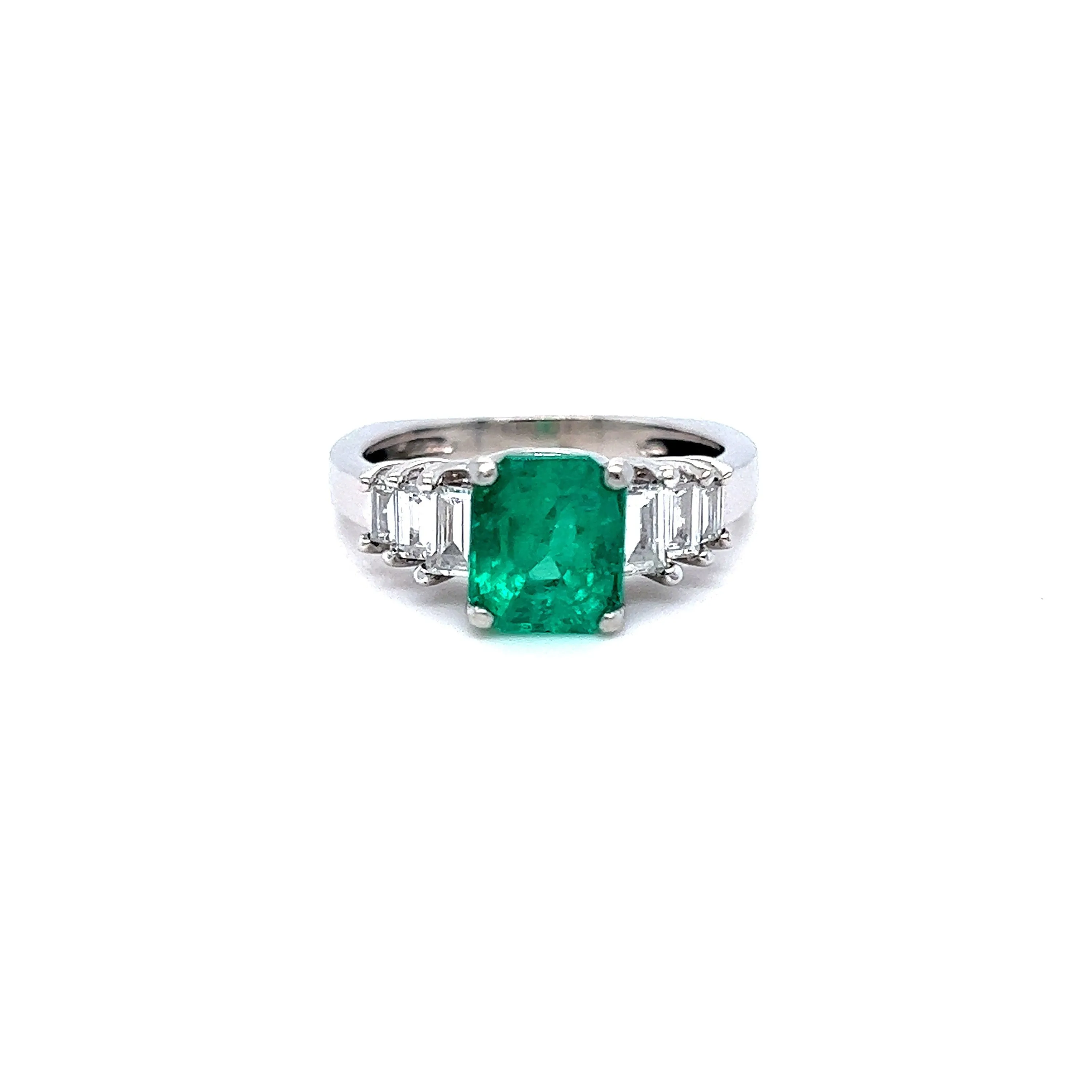 Classic Vintage Platinum Emerald Engagement Ring with Baguette Diamonds - 2.22ct.
