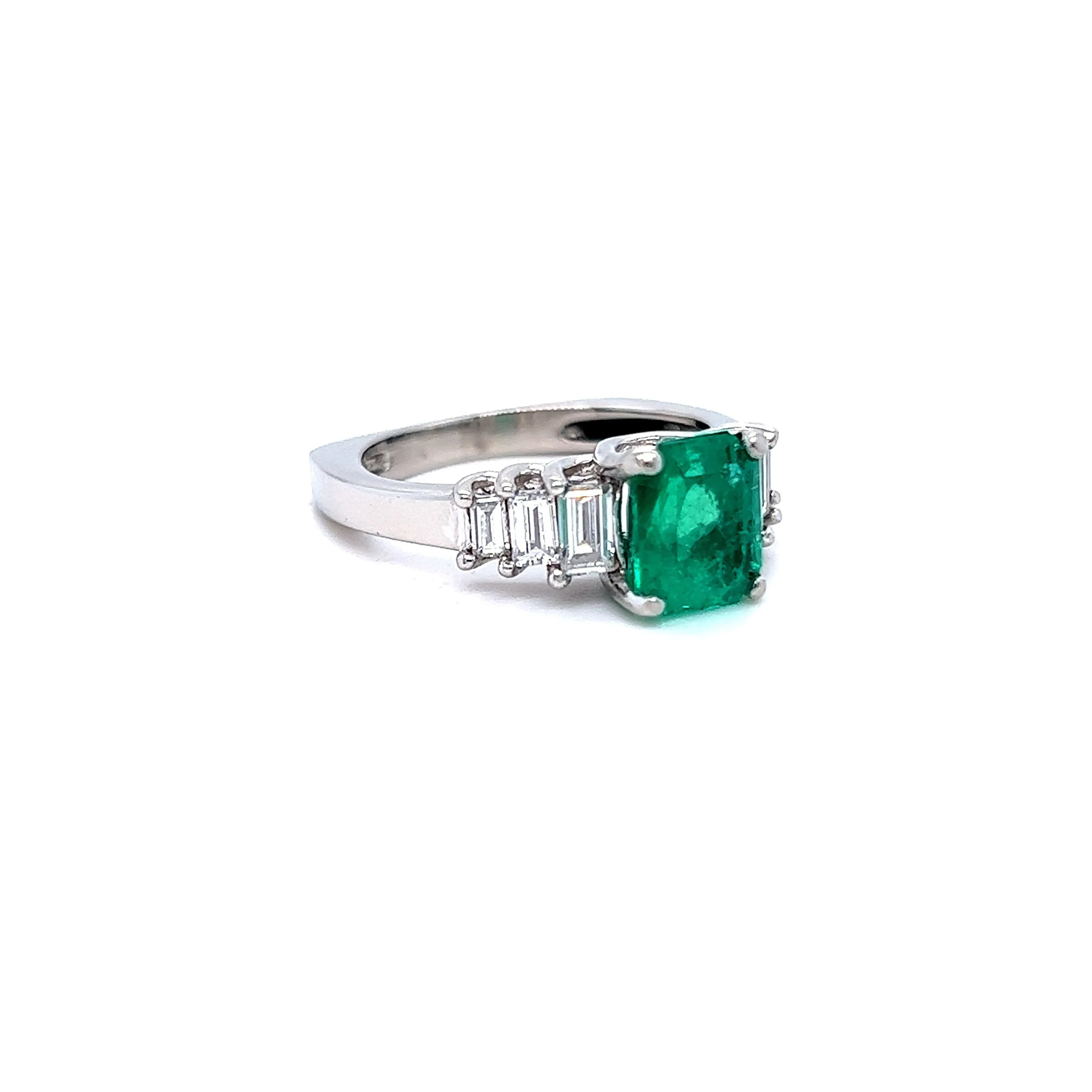 Classic Vintage Platinum Emerald Engagement Ring with Baguette Diamonds - 2.22ct.