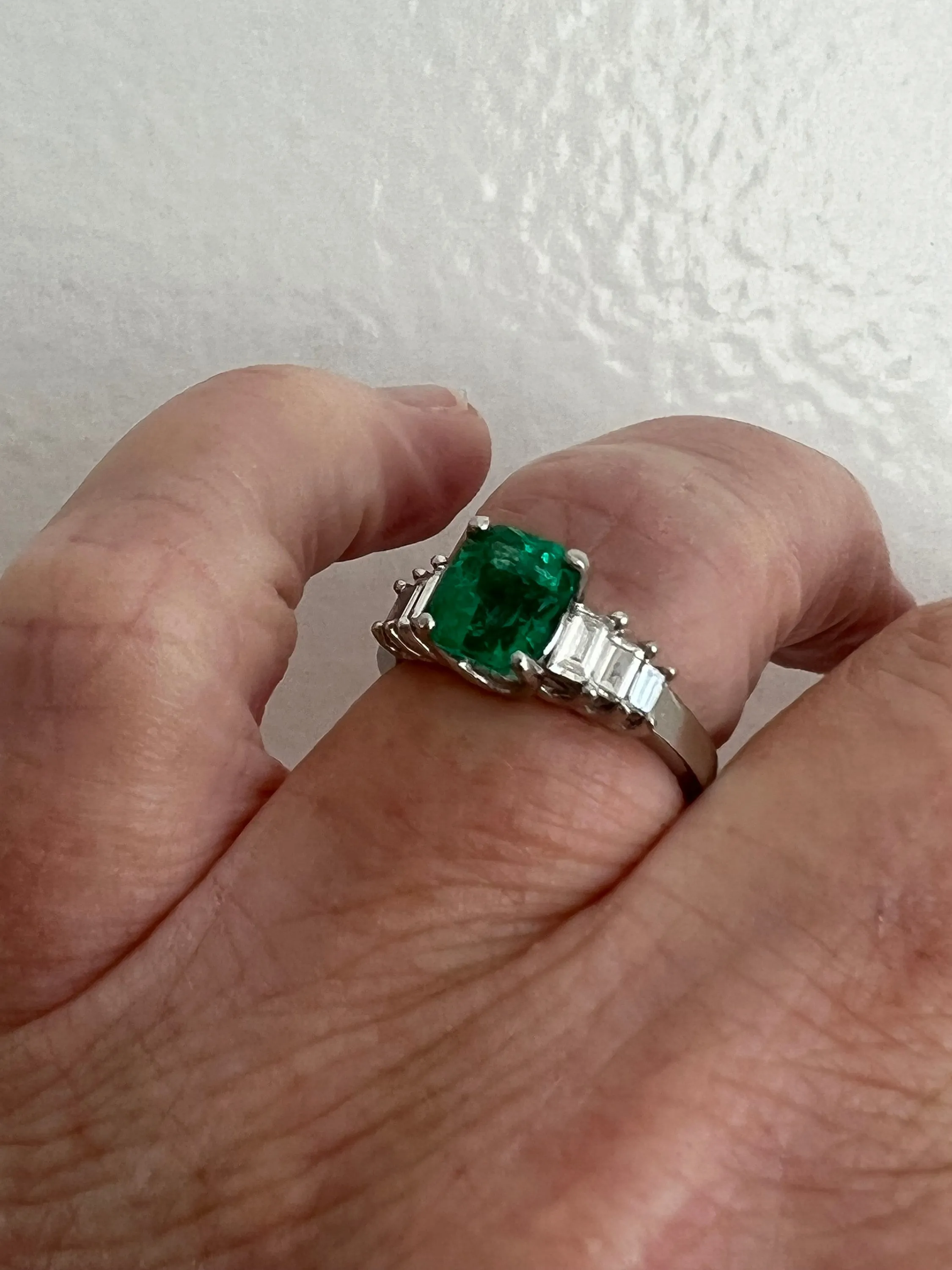 Classic Vintage Platinum Emerald Engagement Ring with Baguette Diamonds - 2.22ct.
