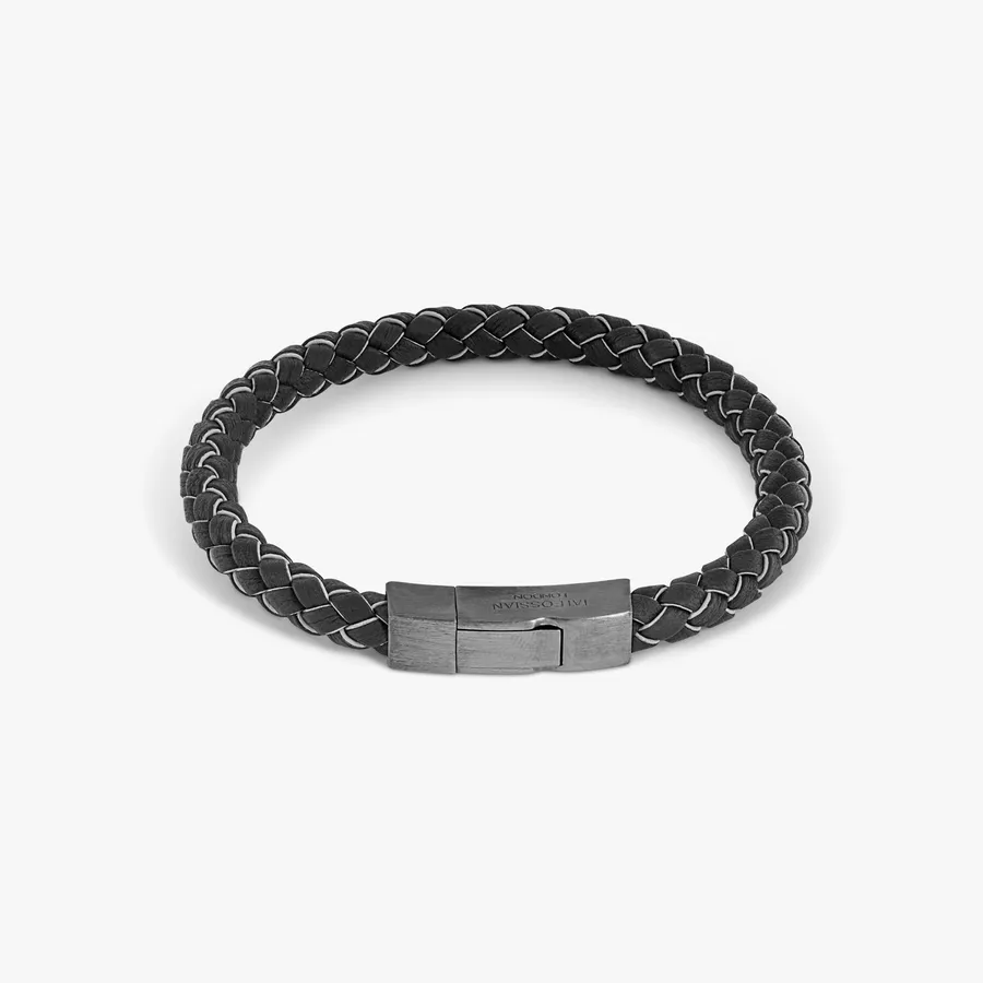 Click Tocco Bracelet In Grey Piped Italian Black Leather With Black Rhodium Plated Sterling Silver