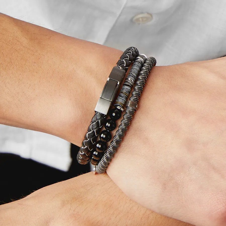 Click Tocco Bracelet In Grey Piped Italian Black Leather With Black Rhodium Plated Sterling Silver