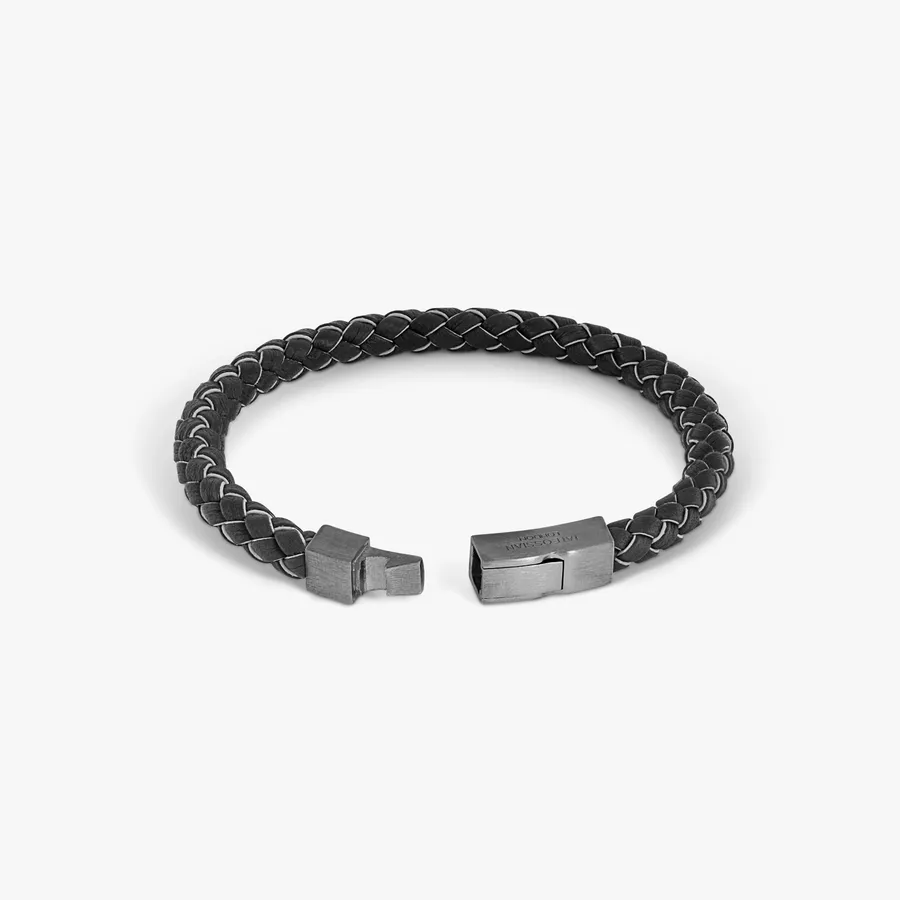 Click Tocco Bracelet In Grey Piped Italian Black Leather With Black Rhodium Plated Sterling Silver