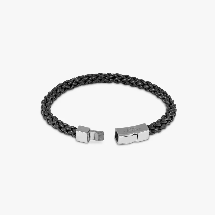 Click Trenza Bracelet In Italian Black Leather With Black Rhodium Plated Sterling Silver