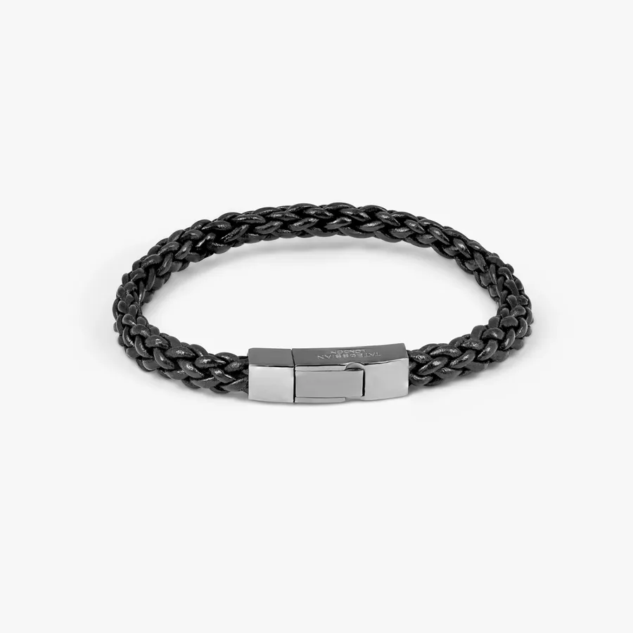 Click Trenza Bracelet In Italian Black Leather With Black Rhodium Plated Sterling Silver