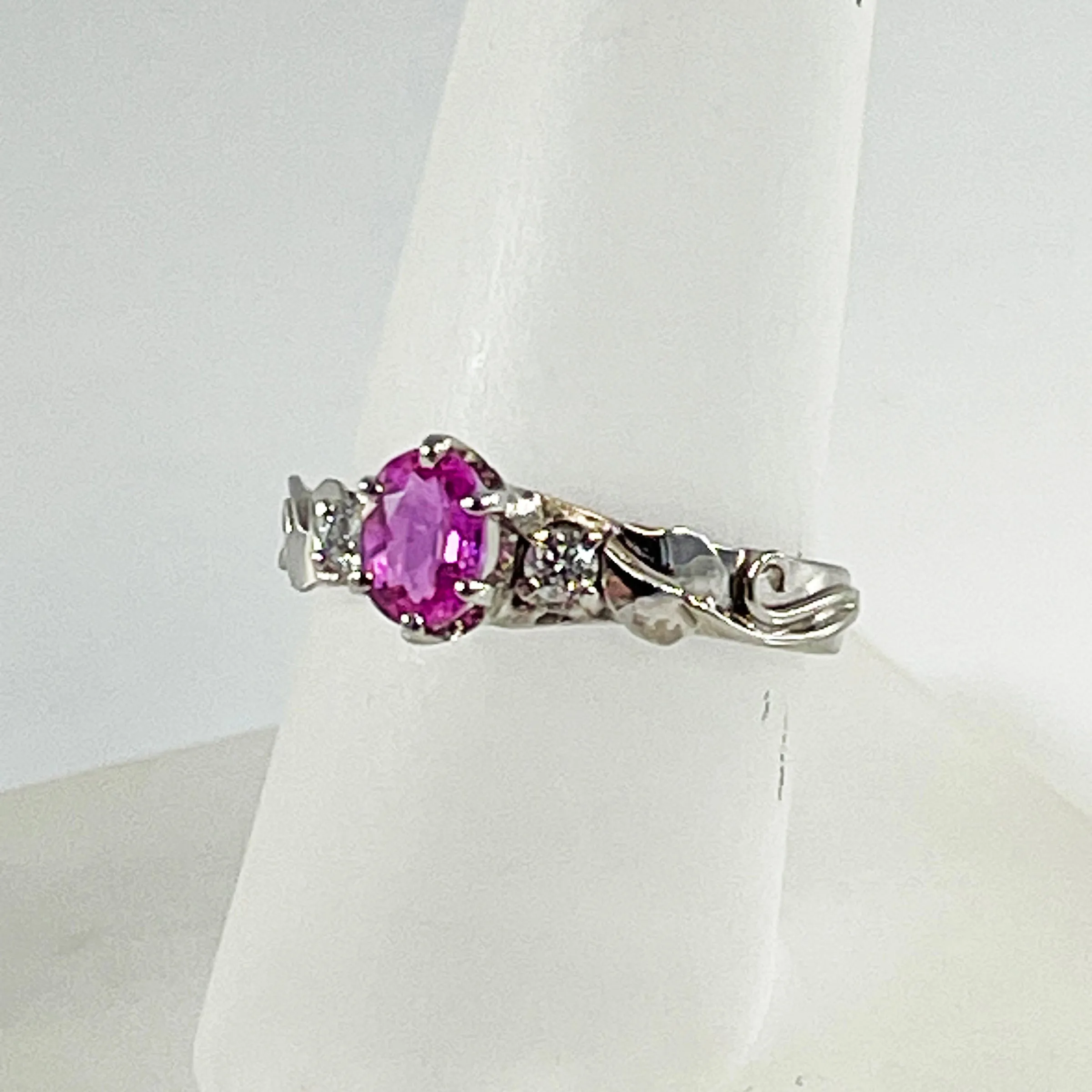 Cole Sheckler Ring - Pink Sapphire .66ct and Diamond .10tcw in 14K White Gold with Leaves