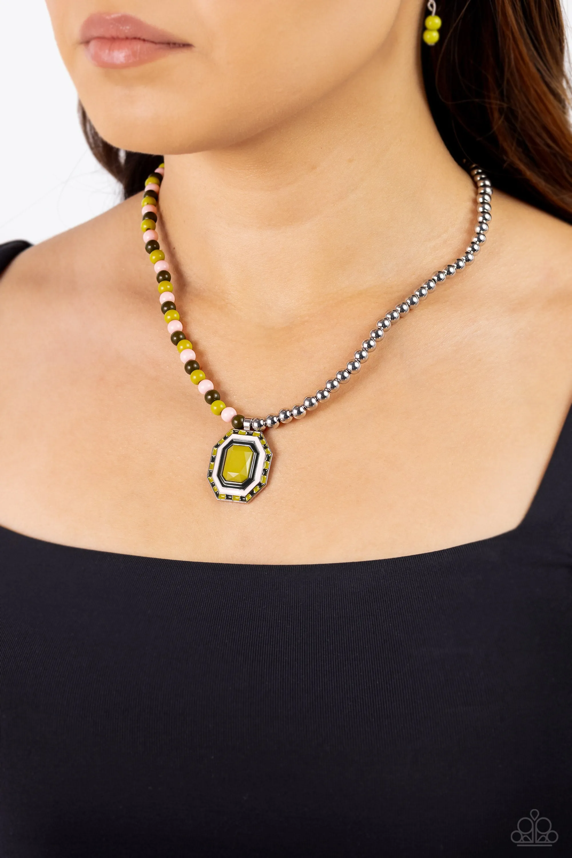 Contrasting Candy - Green - and Pink Bead Emerald Cut Pendant Paparazzi Short Necklace