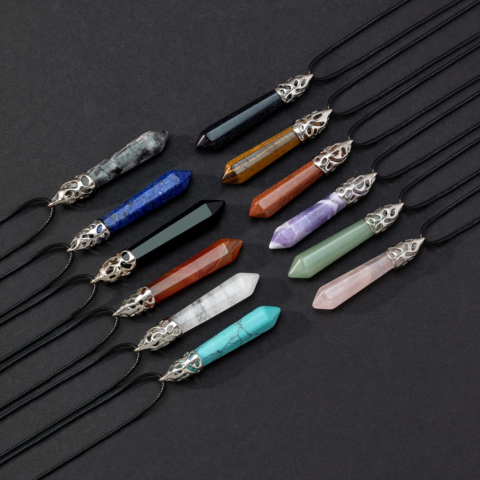 Crystal Pendant Rope Chain Necklace Hexagonal Gemstone Chakra Necklace