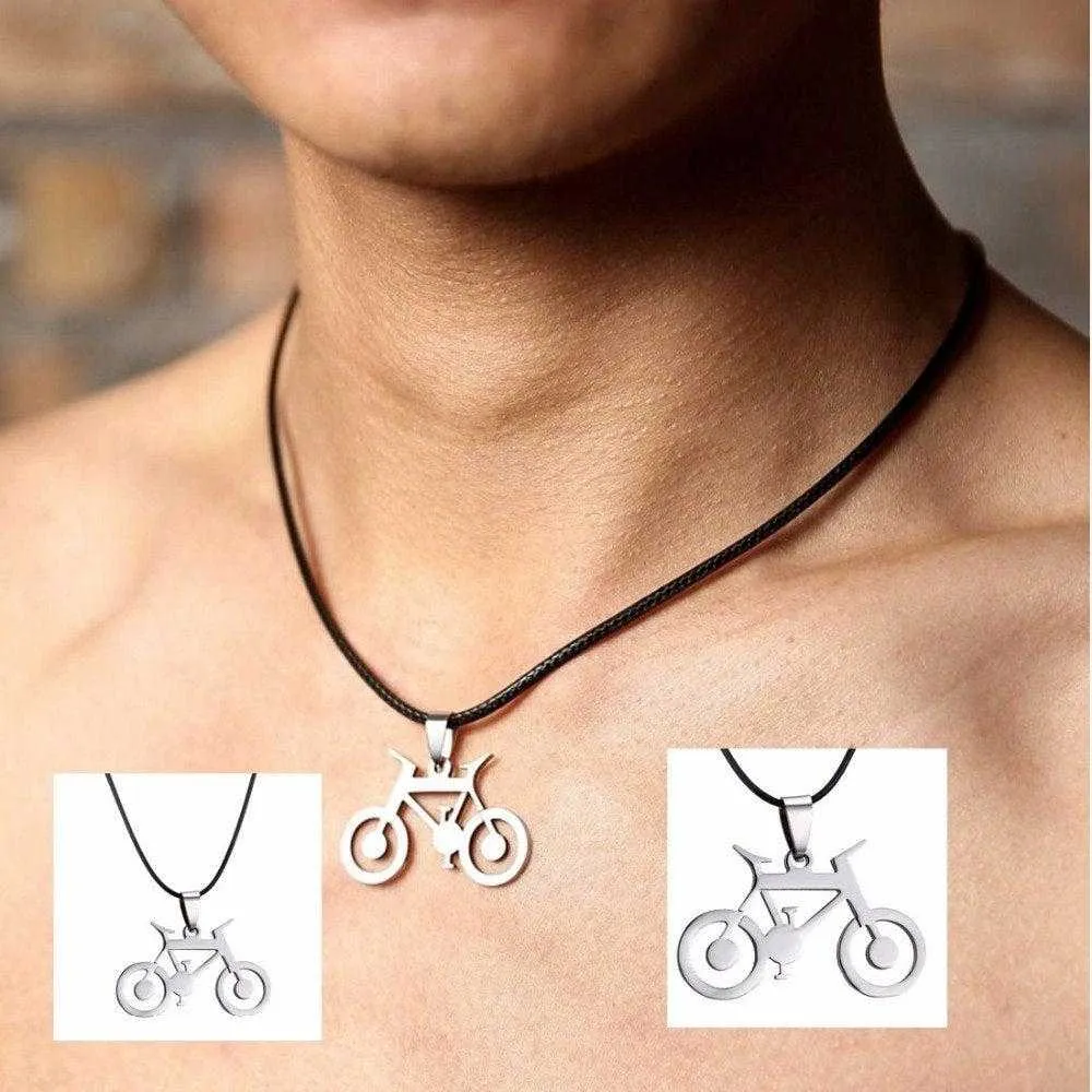 Cycolinks Bicycle Pendant Mens Necklace Leather Rope